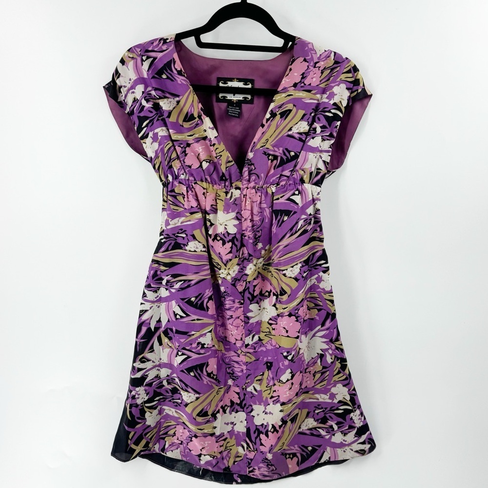 ✅ MEGHAN LA 100% Silk Empire Waist Floral Mini‎ Dress PURPLE/BLACK SIZE 2